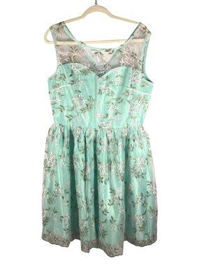 Mint Green Floral Embroidered Sleeveless party Dress With Sheer Mesh Neckline XL